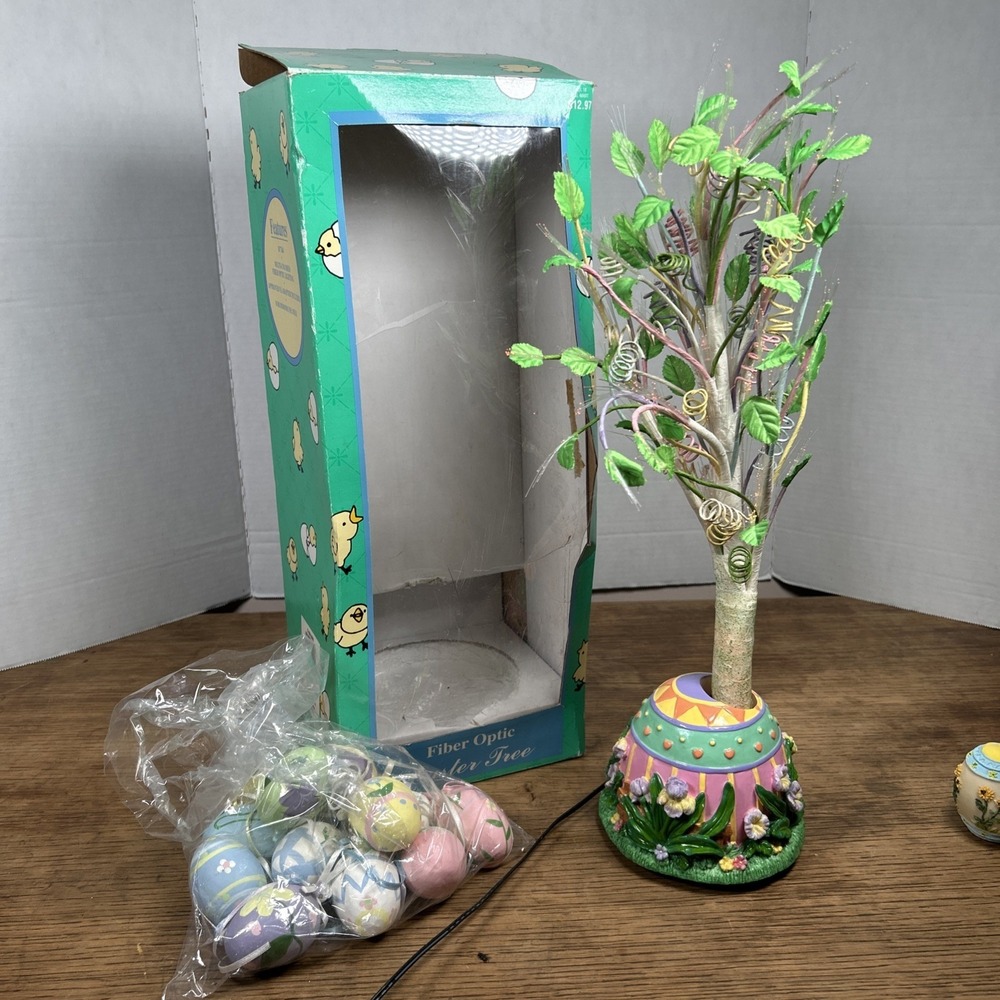 Vintage Fiber optic Easter Tree 18" Bunny Rabbits Easter Egg Tree W Ornaments